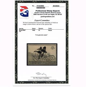 EXCELLENT GENUINE SCOTT #RW7 F-VF USED 1940 FEDERAL DUCK HUNTING STAMP PSE CERT