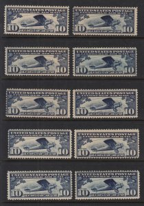 1927 Lindbergh 10c Sc C10 AIRMAIL MNH OG lot of 10 singles CV $125 (A