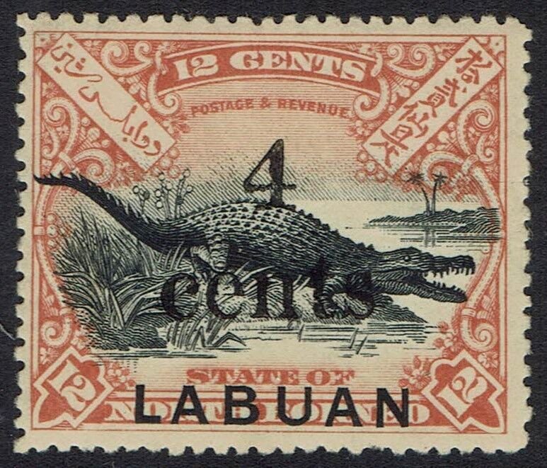 LABUAN 1904 SMALL 4 CENTS OVERPRINTED CROCODILE 12C