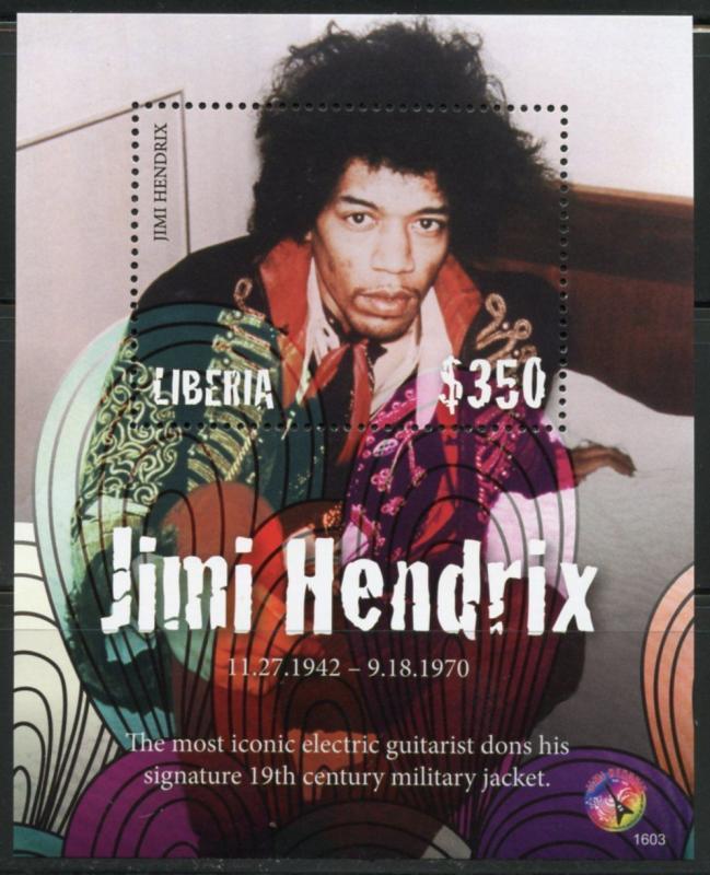 LIBERIA  2016 JIMI HENDRIX SOUVENIR SHEET  MINT NH