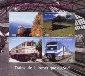 Central African Rep 2011 CTO Trains of South America 4v M/S Railways Rail Stamps