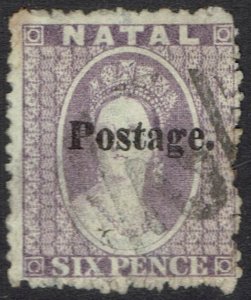NATAL 1869 QV CHALON 6D OVERPRINTED POSTAGE SG TYPE 7B USED