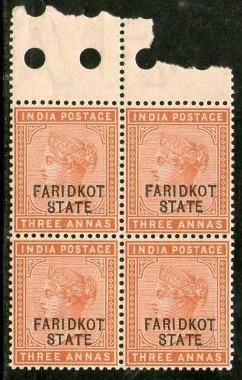 India FARIDKOT State QV 3As Postage SG 6 / Sc 7 in BLK/4 Cat. £36 MNH Inde I...