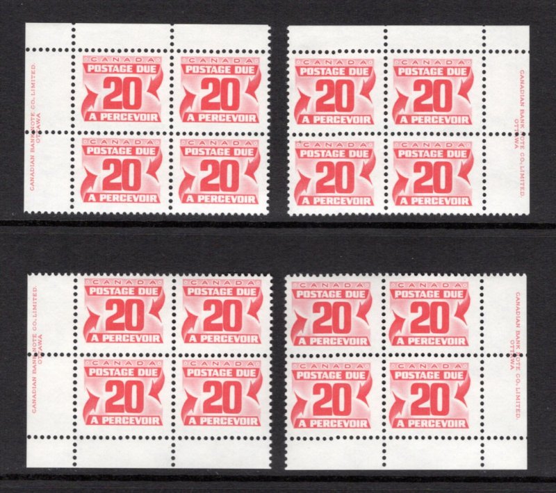 Scott J38, 20c, VF, MNHOG, 4th issue, Set of 4 Plate Blocks of 4, Canada Pos...