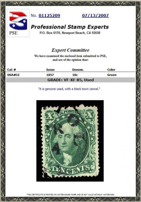 #32 Washington, 10¢ Green, Used, PSE Certificate Graded 85 VF to XF