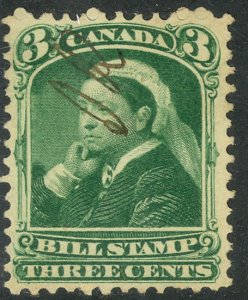 CANADA 1868 QV 3c Green BILL STAMP REVENUE VDM. FB40 Used