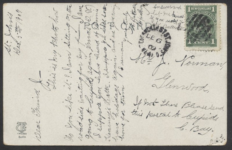 1909 Newfoundland Duckworth St St John's Split Ring Postmark On PC