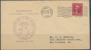 USA Cincinnati Cover  1932 Washington Bi-Centennial Sc # 707  -  see  scans