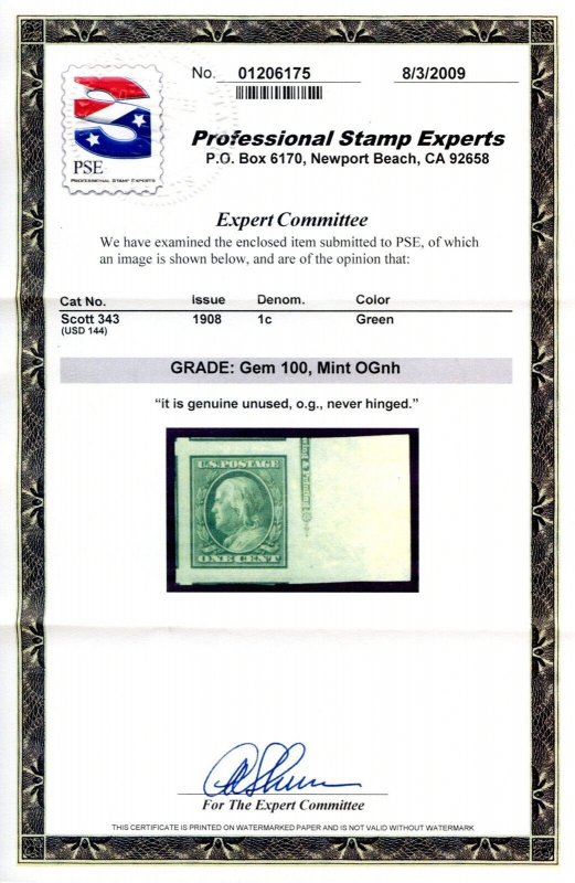 US SCOTT #343 MINT-GEM-OG-NH GRADED 100 W/ PSE ERT SMQ $125