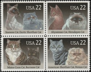 US 2372-2375 2375a American Cats 22c block (4 stamps) MNH 1988