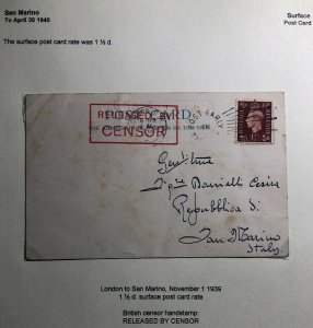 1939 London England Postcard Cover To San Marino Released By Censor WW2