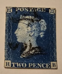 Great Britain Stamp Scott #2 ($700) - A1 2p blue - Imperforated - Used V