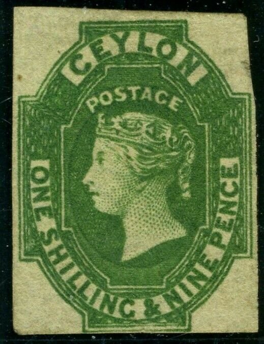 CEYLON 1857-9 1/9 Green IMPERF.  An average mounted mint example, small thin NE