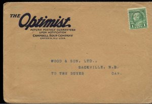 Precancel Campbell's Soup The Optimist US to Canada Customs stamp tied