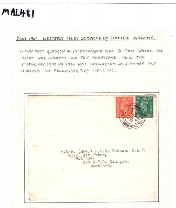 GB SCOTS ISLANDS WW2 Air Mail INTERRUPTED TIREE Box204 Glasgow 1943 Cover MAL481 