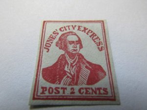 US Local Stamps 1800's Jones' City Express Post 2c Stamp, Red on Bl...