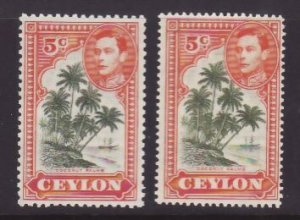 Ceylon-Sc#292,292a- id9-two unused og NH KGVI 5c coconut palms-1943-7-