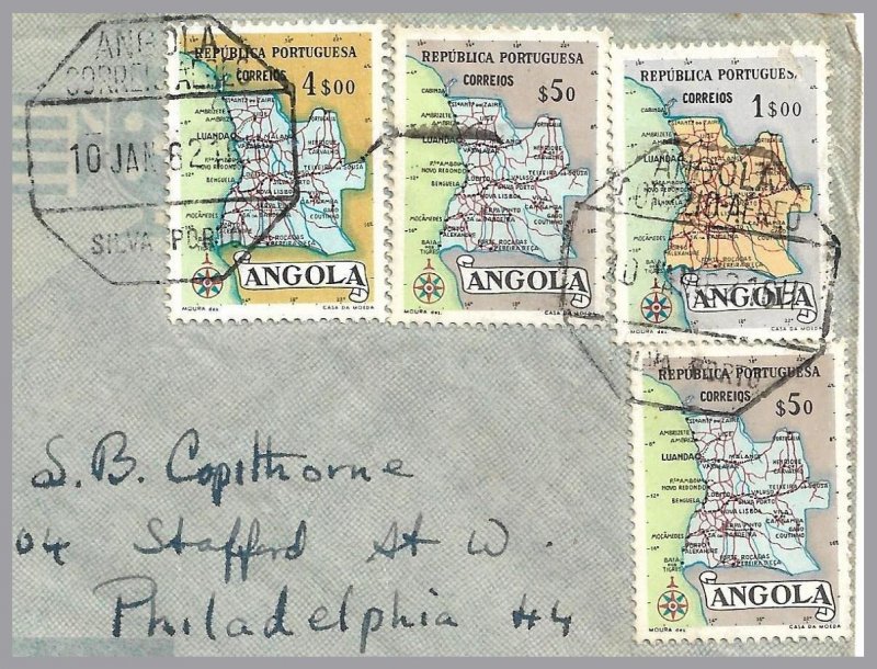 ANGOLA (Portugal) MAP stamps (4) on SILVA PORTO to USA Airmail Cover in 1962