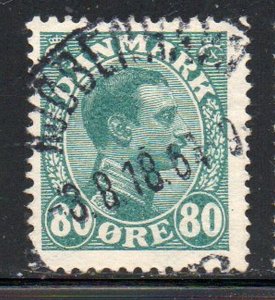 Denmark Sc 126 1915 80 ore blue green Cristian X stamp used