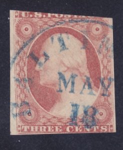 US 11 Used 1855 3¢ Dull Red Washington w/Blue Dated Cancel