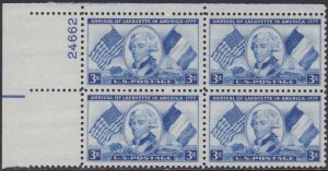 1010 Lafayette Plate Block MNH