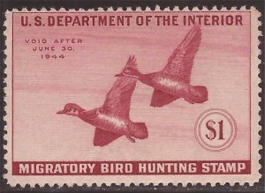 US Stamp - 1943 Duck Hunting Stamp Wood Ducks Mint No Gum Scott #RW10