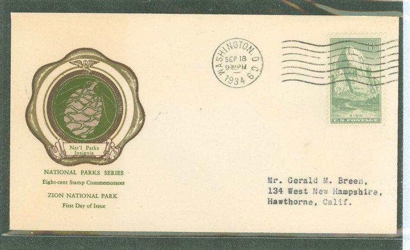 US 747 1934 8c Zion (part of the National Park series)on an addressed first day cover with a rice cachet.