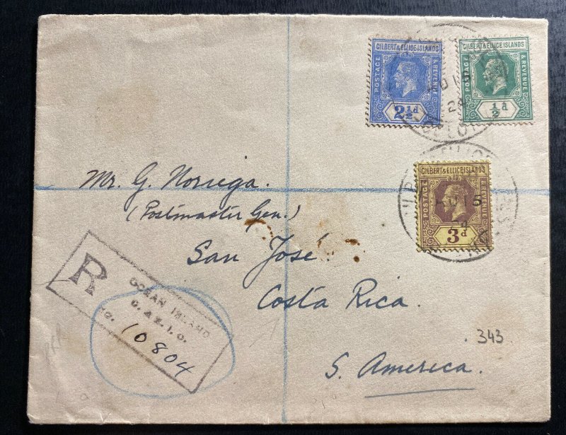 1924 Ocean Island Gilbert & Ellice Registered Cover To San Jose Costa Rica