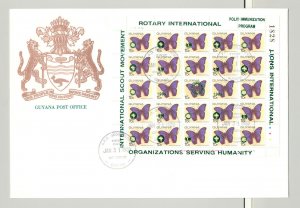 Guyana 1989 Butterflies 3v M/S of 25 Black or Green o/p Rotary on 3v FDC