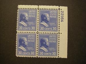 Scott 830, 30c Theodore Roosevelt, PB4 #22164 UR, MNH Prexie, Durland Premium