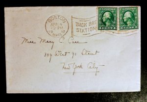 US Scott #374 Postal Cover Boston Mass To New York City 1912 x2 Stamps