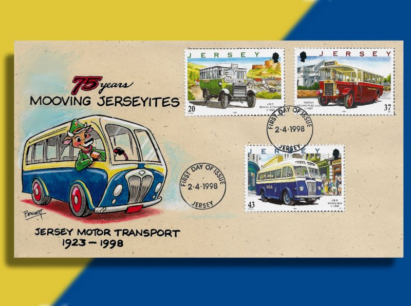 Jersey Celebrates 75 Years of Bus Service w Cows at the Wheel!  Handcolored FDC