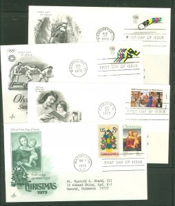 US 1461-62/1468/1507-08 1972 4 addressed FDCs with artcraft cachets; Olympic Winter Games, mail order, Christmas