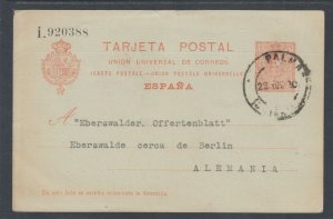 Spain H&G 49 used. 1910 10c Postal Card, Las Palmas - Berlin, Germany, clean