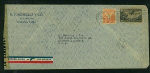 Cuba 1943 Censored Commercial Airmail Cover Havana to Chicago franked Scott C13