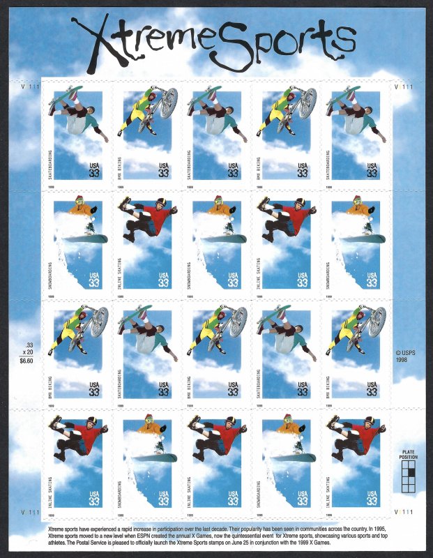 United States #3321-3324 33¢ Extreme Sports (1999). Mini-sheet of 20. MNH