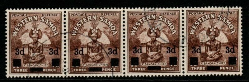 SAMOA SG199 1940 3d on 1½d BROWN STRIP OF 4 FINE USED