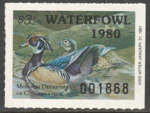 U.S.-MISSOURI 2, STATE DUCK HUNTING PERMIT STAMP. MINT, NH. VF