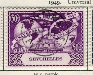 SEYCHELLES; 1949 early GVI UPU issue fine used 50c. value Postmark