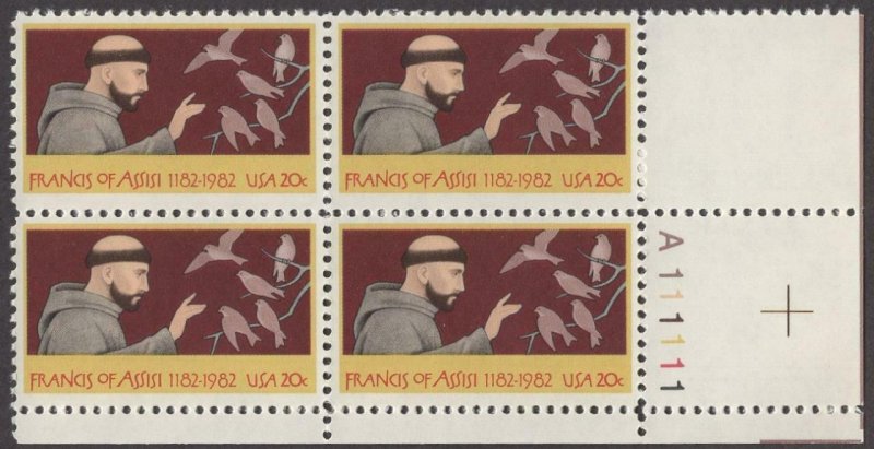 1982 St. Francis of Assisi Plate Block of 4 20c Postage Stamps, Sc#2023, MNH, OG