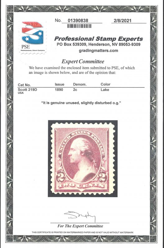 219D Mint,DG,NH... PSE Certificate... SCV $525.00