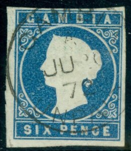 SG 3a Gambia 1869. 6d blue. Very fine used. 4 good to large margins CAT £180