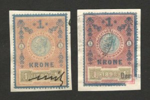 AUSTRIA  - 2 USED FRAGMENTS WITH REVENUE FUSCAL STAMPS, 1 KRONE -1898..