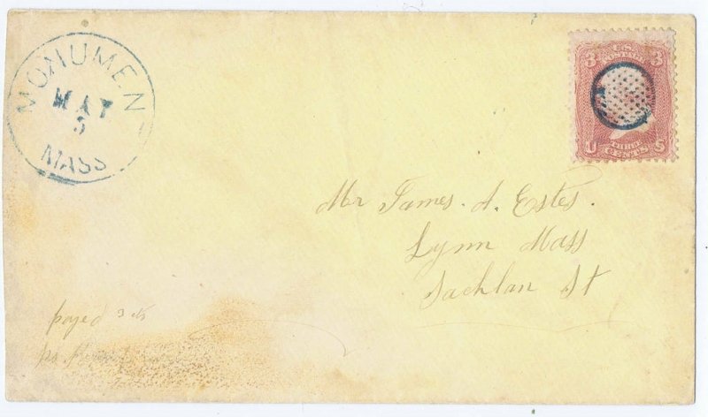 US 65 on cover SON blue fancy cancel dots in circle Monument MA cancel