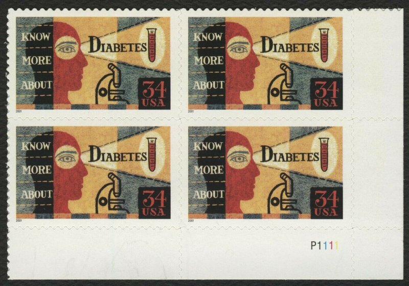 #3503 34c Diabetes, Plate Block [P1111 LR], Mint **ANY 5=FREE SHIPPING**