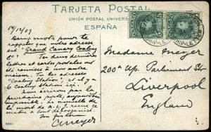 Spain #273, 1909 postcard to England, franked with pair of 5c green, canc. S...