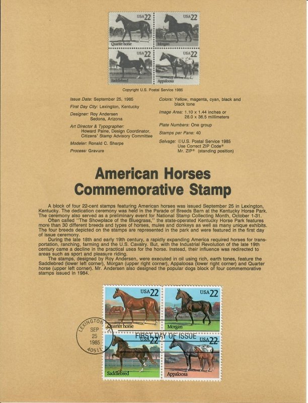 US SP704 American Horses Souvenir Page #2158a