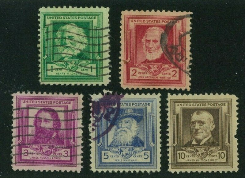 US 1940 Famous Americans:  Poets, Scott 864-868 used, Value = $2.25