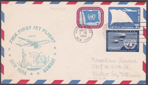 USA UN FRANKING 1960 first flight cover NY to Bombay India..................7174