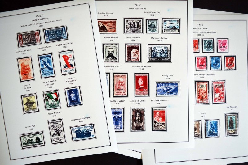 COLOR PRINTED TRIESTE [ZONES A+B] 1947-1954 STAMP ALBUM PAGES (40 illust. pages)
